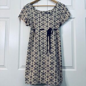 VTG Cynthia Rowley Women's Ramie Cotton Dress Beige Black Floral Embroidered 12
